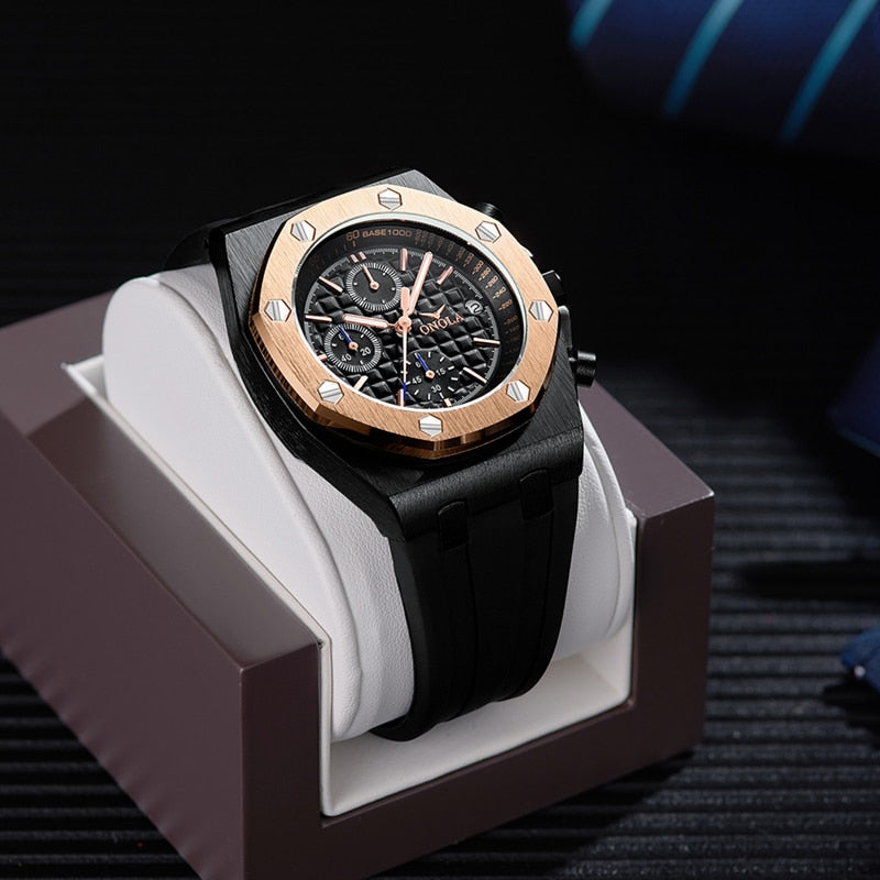 quartz watch men luxuri steel metal wristwatch Multifunction chronograph waterproof casual black