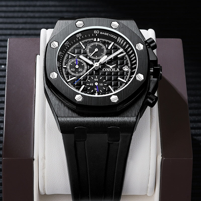 quartz watch men luxuri steel metal wristwatch Multifunction chronograph waterproof casual black