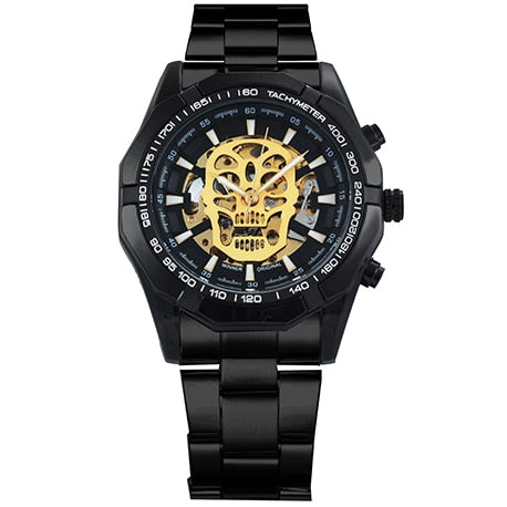 Golden Automatic Watch Men Steel Strap Skeleton Mechanical Skull Watches