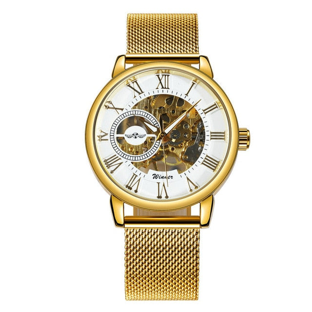 Golden Automatic Watch Men Steel Strap Skeleton Mechanical Skull Watches