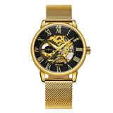 Golden Automatic Watch Men Steel Strap Skeleton Mechanical Skull Watches