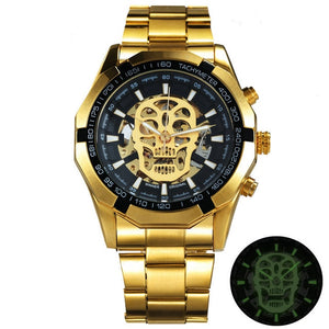 Golden Automatic Watch Men Steel Strap Skeleton Mechanical Skull Watches