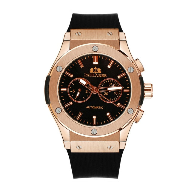 Men Automatic Self Wind Mechanical Rose Gold Silver Black Case Brown Leather