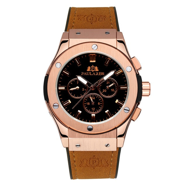 Men Automatic Self Wind Mechanical Rose Gold Silver Black Case Brown Leather